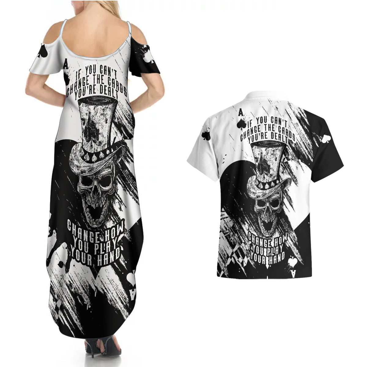 Black Joke Skull Couples Matching Summer Maxi Dress and Hawaiian Shirt Spade Ace Grunge Art - Wonder Print Shop