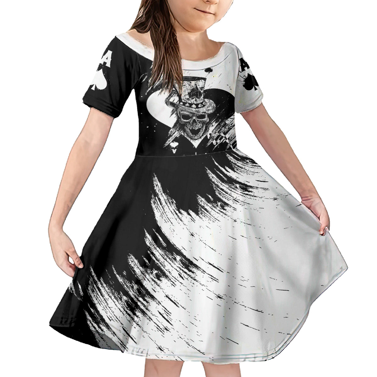 Black Joke Skull Family Matching Off Shoulder Long Sleeve Dress and Hawaiian Shirt Spade Ace Grunge Art - Wonder Print Shop