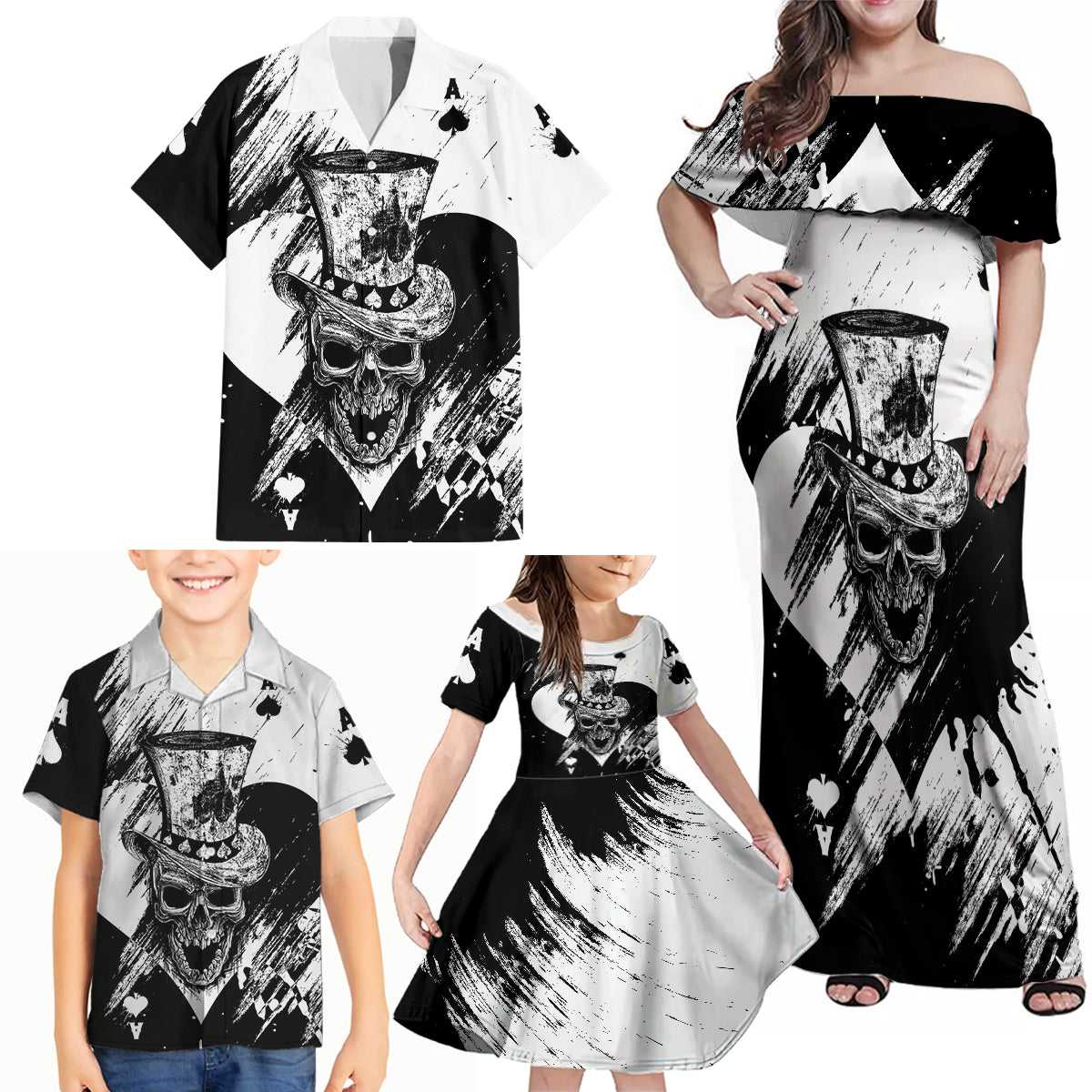 Black Joke Skull Family Matching Off Shoulder Maxi Dress and Hawaiian Shirt Spade Ace Grunge Art - Wonder Print Shop