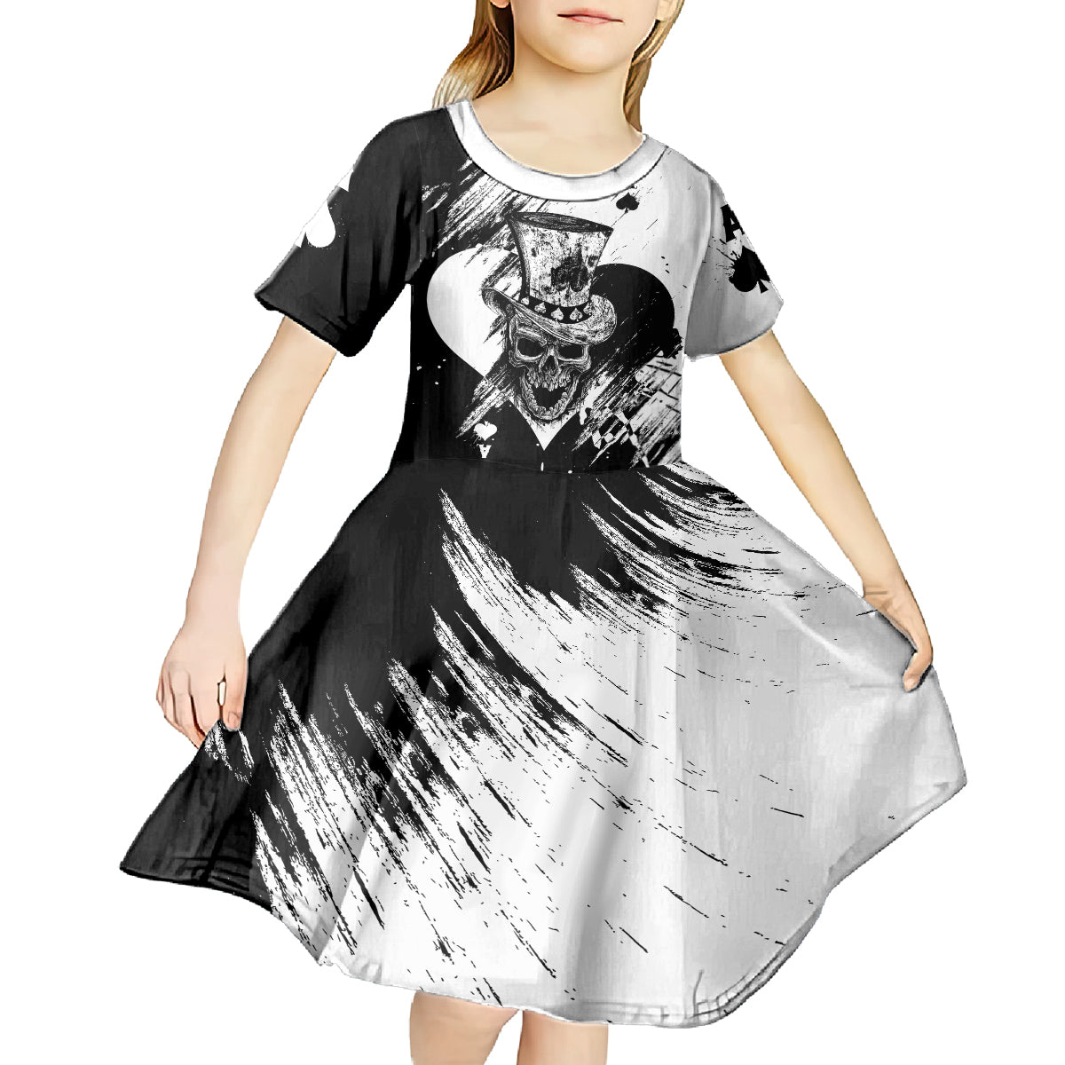 Black Joke Skull Kid Short Sleeve Dress Spade Ace Grunge Art - Wonder Print Shop