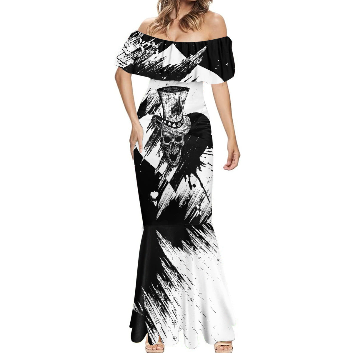 Black Joke Skull Mermaid Dress Spade Ace Grunge Art - Wonder Print Shop