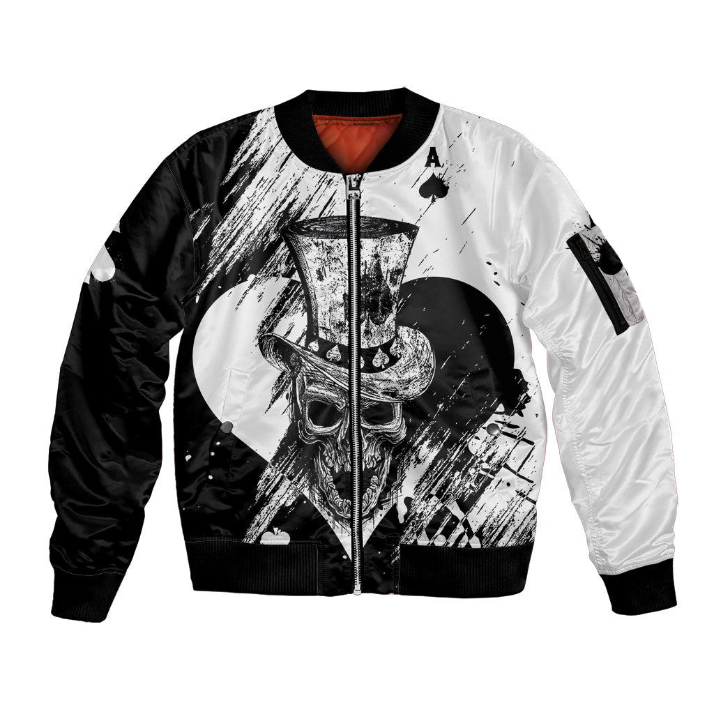 Black Joke Skull Sleeve Zip Bomber Jacket Spade Ace Grunge Art - Wonder Print Shop