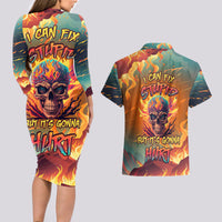 Skull Flaming Couples Matching Long Sleeve Bodycon Dress and Hawaiian Shirt I Can Fix Stupid But It's Gonna Hurt - Wonder Print Shop