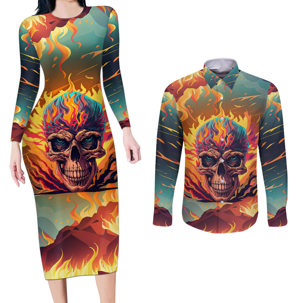 Skull Flaming Couples Matching Long Sleeve Bodycon Dress and Long Sleeve Button Shirts I Can Fix Stupid But It's Gonna Hurt - Wonder Print Shop