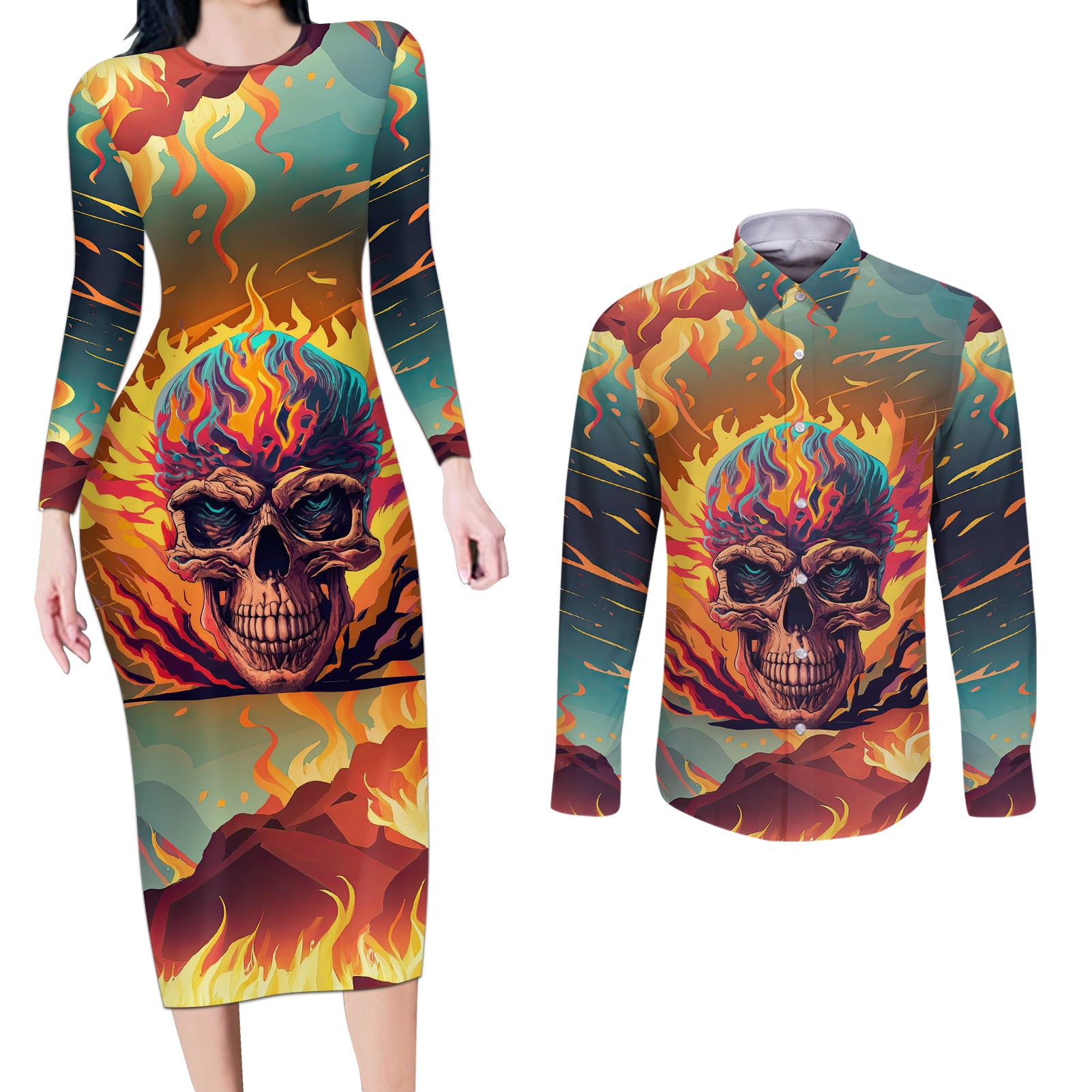Skull Flaming Couples Matching Long Sleeve Bodycon Dress and Long Sleeve Button Shirts I Can Fix Stupid But It's Gonna Hurt - Wonder Print Shop