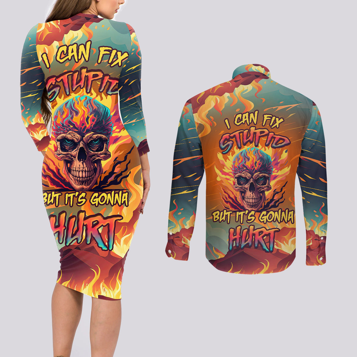 Skull Flaming Couples Matching Long Sleeve Bodycon Dress and Long Sleeve Button Shirts I Can Fix Stupid But It's Gonna Hurt - Wonder Print Shop