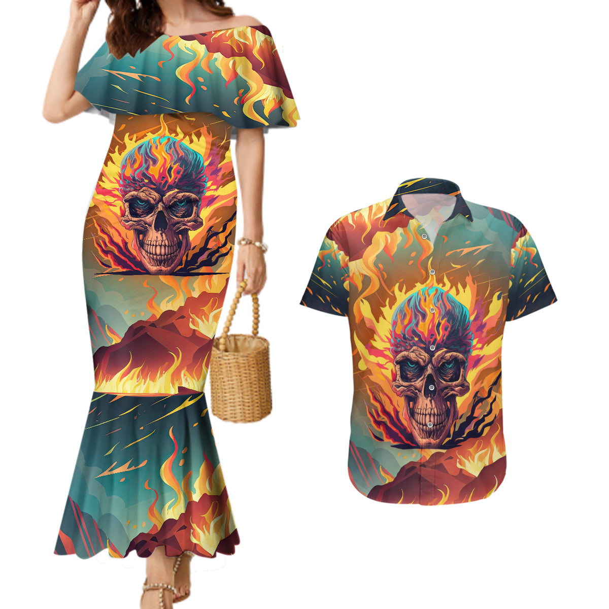 Skull Flaming Couples Matching Mermaid Dress and Hawaiian Shirt I Can Fix Stupid But It's Gonna Hurt - Wonder Print Shop