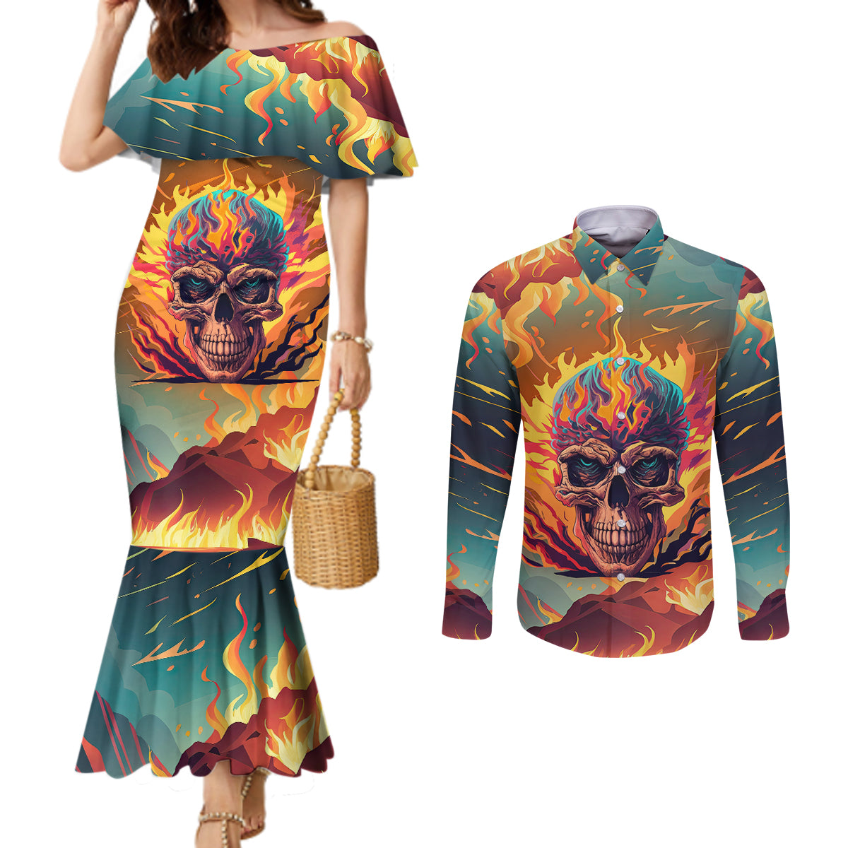 skull-flaming-couples-matching-mermaid-dress-and-long-sleeve-button-shirts-i-can-fix-stupid-but-its-gonna-hurt