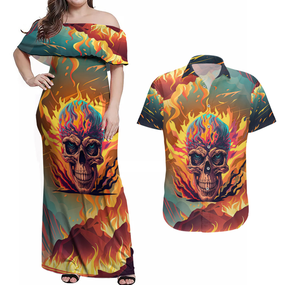 Skull Flaming Couples Matching Off Shoulder Maxi Dress and Hawaiian Shirt I Can Fix Stupid But It's Gonna Hurt - Wonder Print Shop