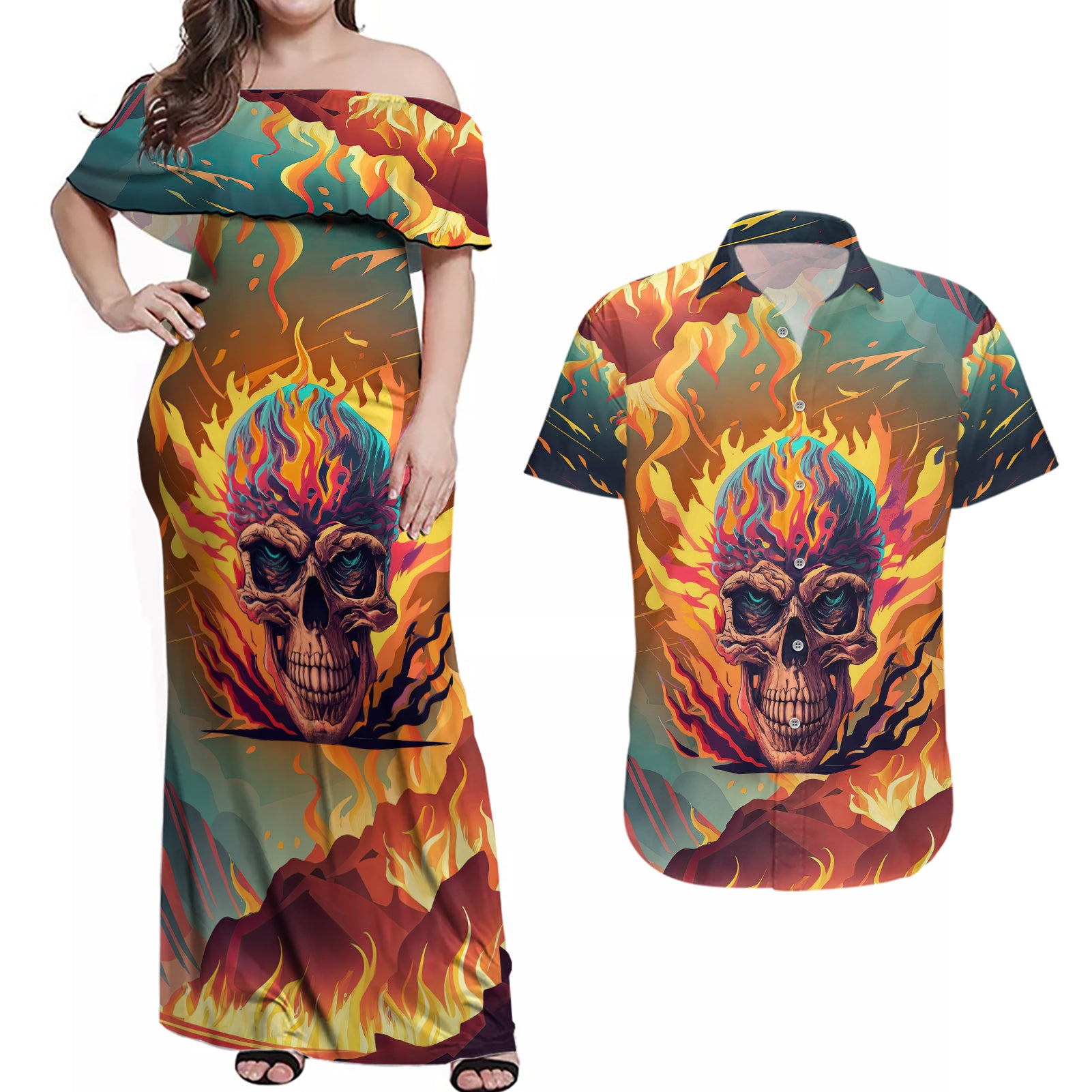 Skull Flaming Couples Matching Off Shoulder Maxi Dress and Hawaiian Shirt I Can Fix Stupid But It's Gonna Hurt - Wonder Print Shop