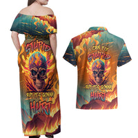 Skull Flaming Couples Matching Off Shoulder Maxi Dress and Hawaiian Shirt I Can Fix Stupid But It's Gonna Hurt - Wonder Print Shop