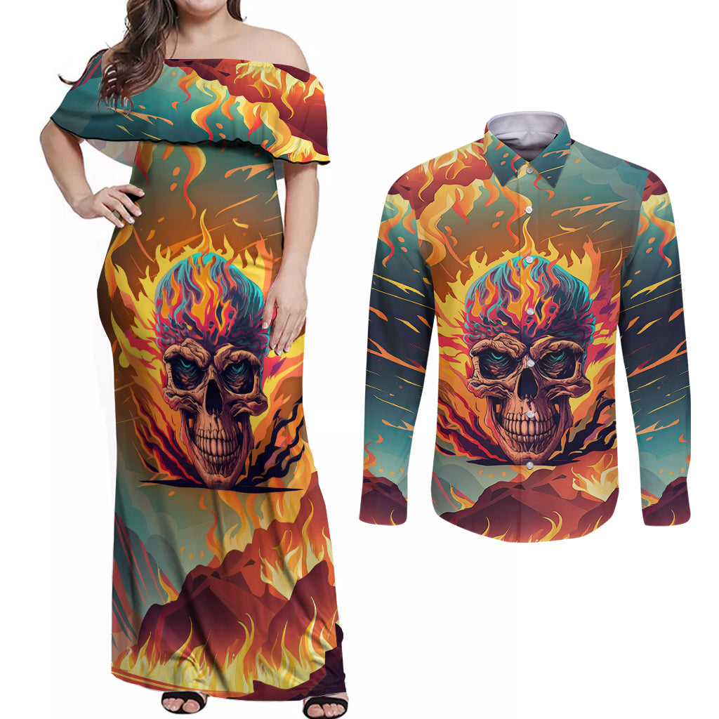 Skull Flaming Couples Matching Off Shoulder Maxi Dress and Long Sleeve Button Shirts I Can Fix Stupid But It's Gonna Hurt - Wonder Print Shop
