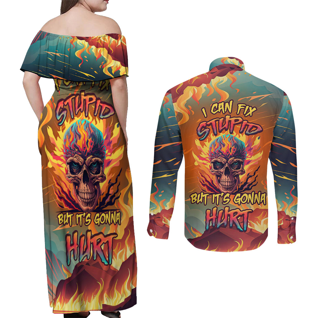 Skull Flaming Couples Matching Off Shoulder Maxi Dress and Long Sleeve Button Shirts I Can Fix Stupid But It's Gonna Hurt - Wonder Print Shop