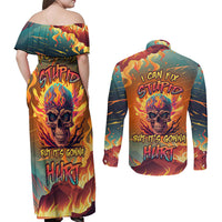 Skull Flaming Couples Matching Off Shoulder Maxi Dress and Long Sleeve Button Shirts I Can Fix Stupid But It's Gonna Hurt - Wonder Print Shop