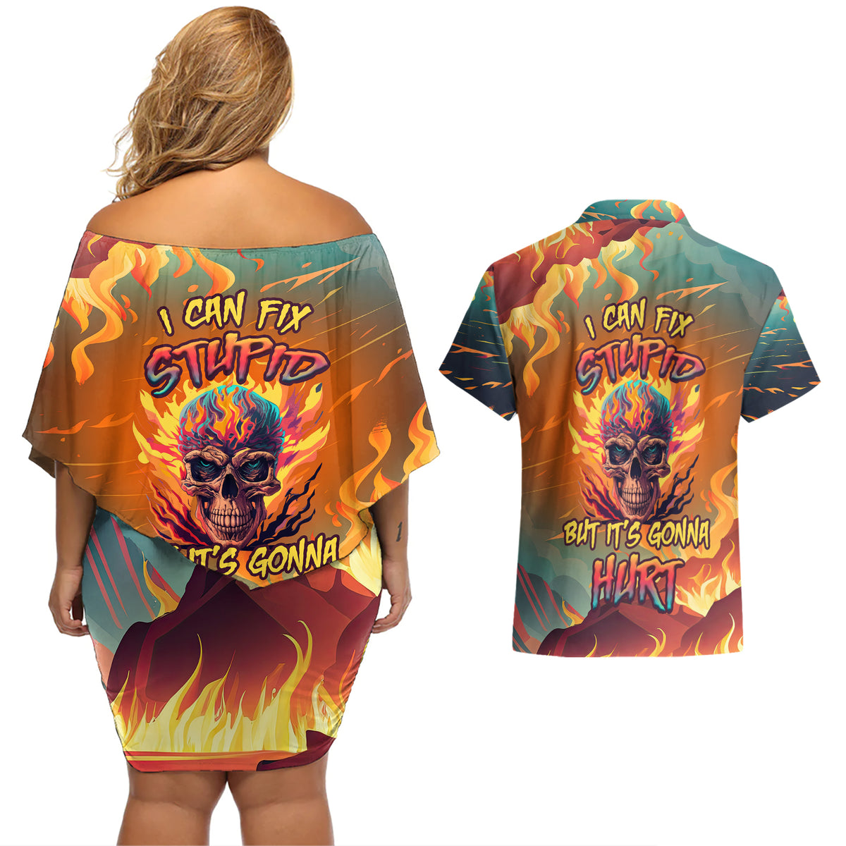 Skull Flaming Couples Matching Off Shoulder Short Dress and Hawaiian Shirt I Can Fix Stupid But It's Gonna Hurt - Wonder Print Shop