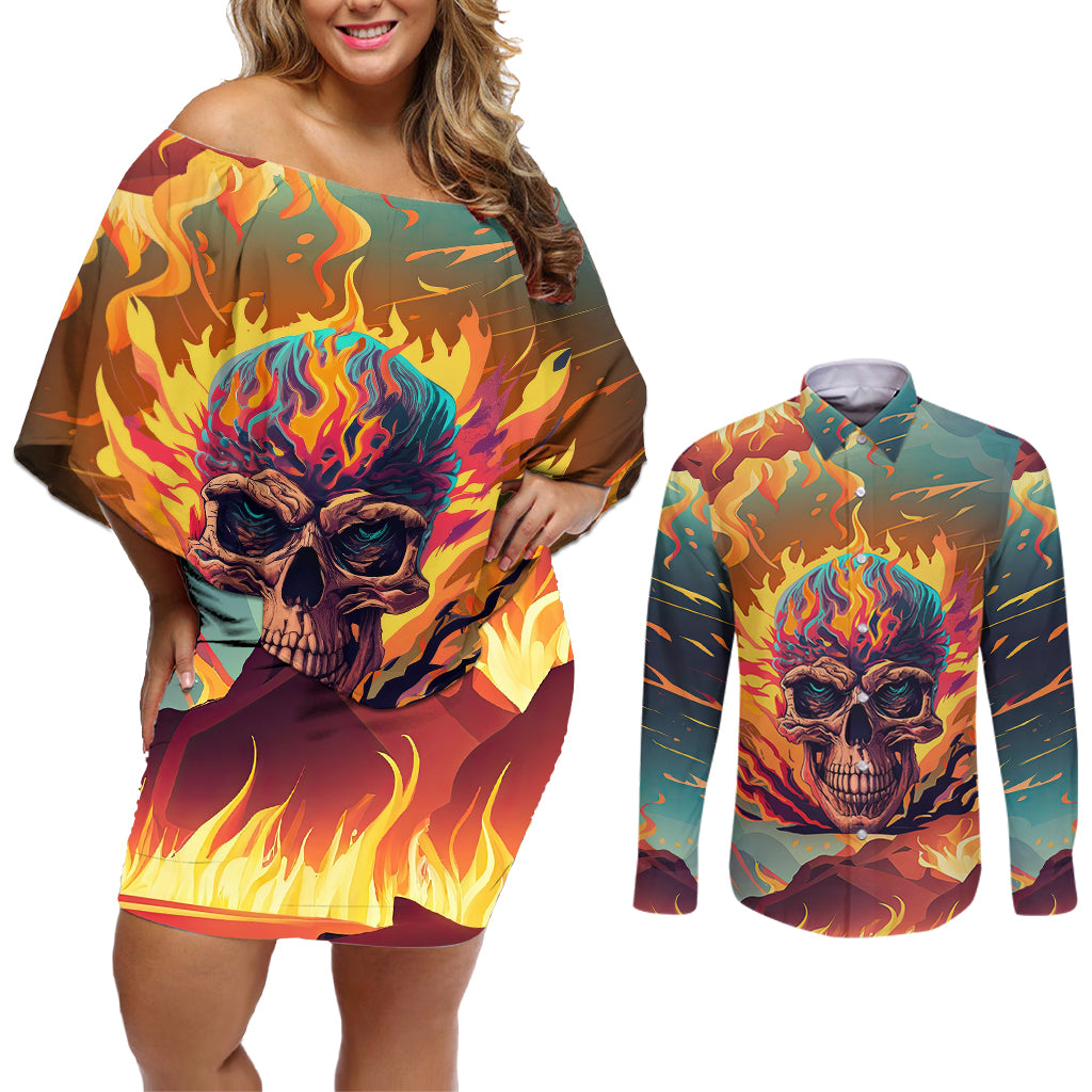 Skull Flaming Couples Matching Off Shoulder Short Dress and Long Sleeve Button Shirts I Can Fix Stupid But It's Gonna Hurt - Wonder Print Shop