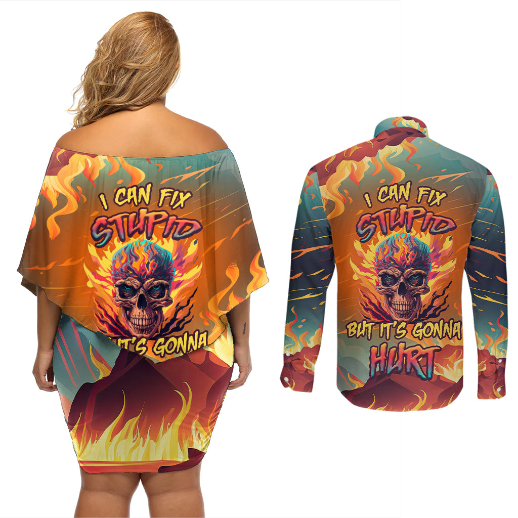 Skull Flaming Couples Matching Off Shoulder Short Dress and Long Sleeve Button Shirts I Can Fix Stupid But It's Gonna Hurt - Wonder Print Shop