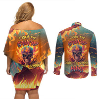 Skull Flaming Couples Matching Off Shoulder Short Dress and Long Sleeve Button Shirts I Can Fix Stupid But It's Gonna Hurt - Wonder Print Shop