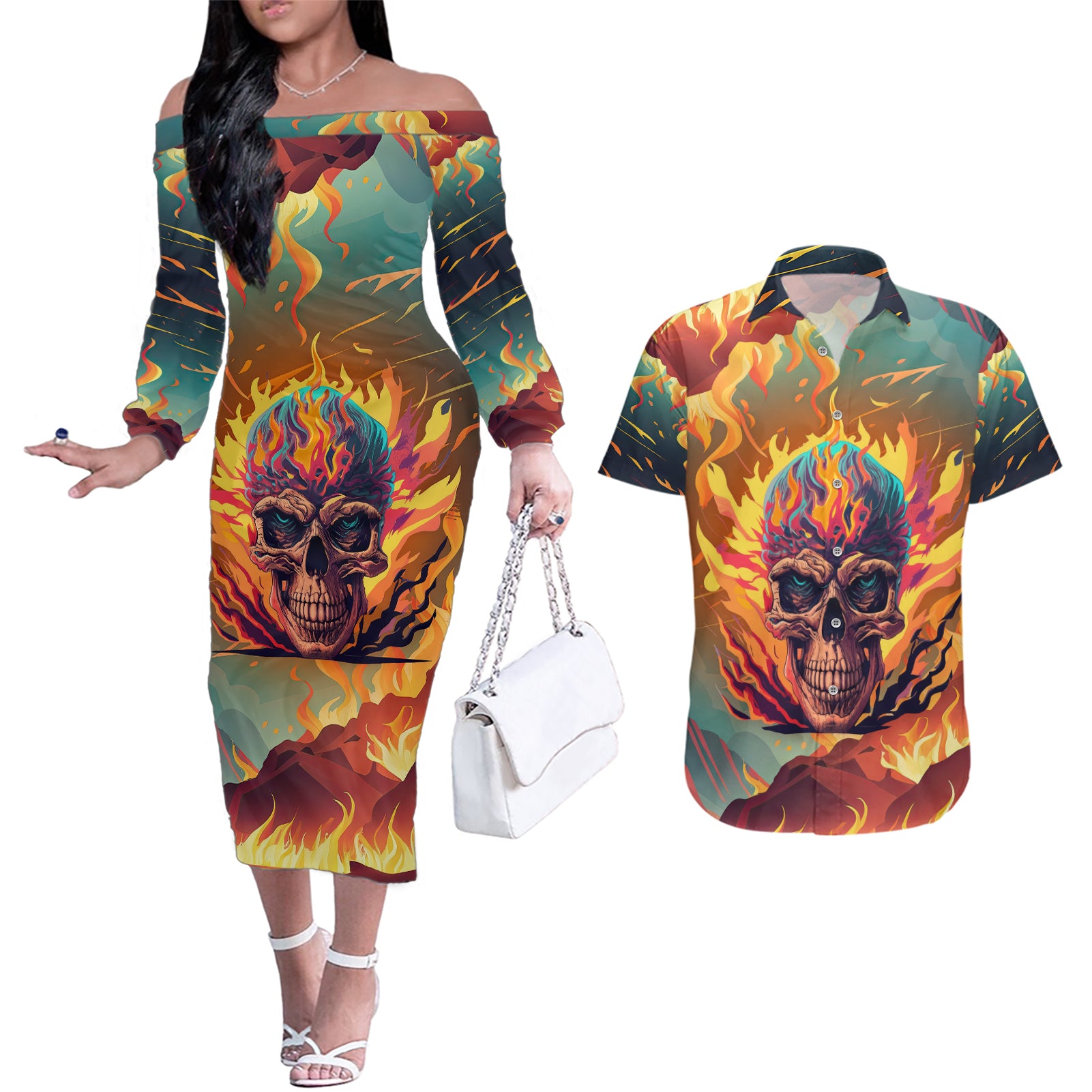 Skull Flaming Couples Matching Off The Shoulder Long Sleeve Dress and Hawaiian Shirt I Can Fix Stupid But It's Gonna Hurt - Wonder Print Shop