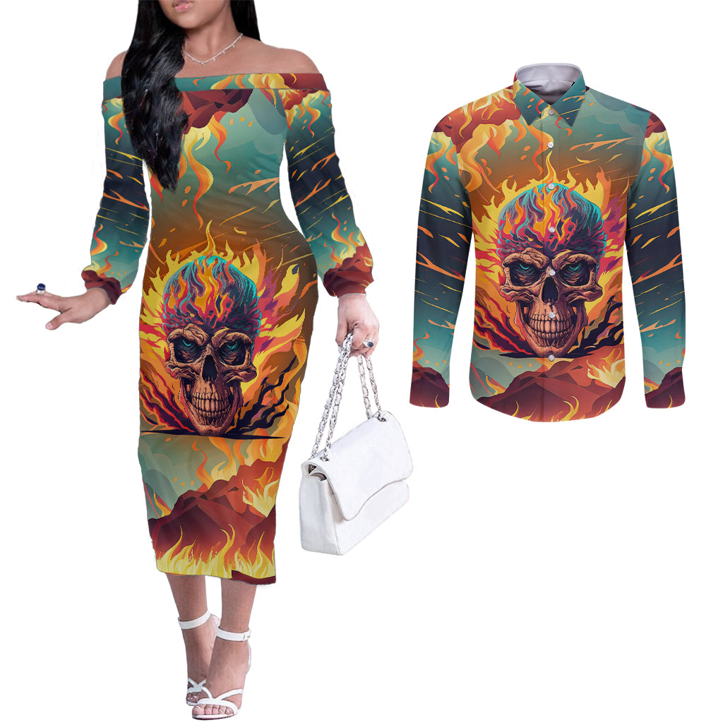skull-flaming-couples-matching-off-the-shoulder-long-sleeve-dress-and-long-sleeve-button-shirts-i-can-fix-stupid-but-its-gonna-hurt
