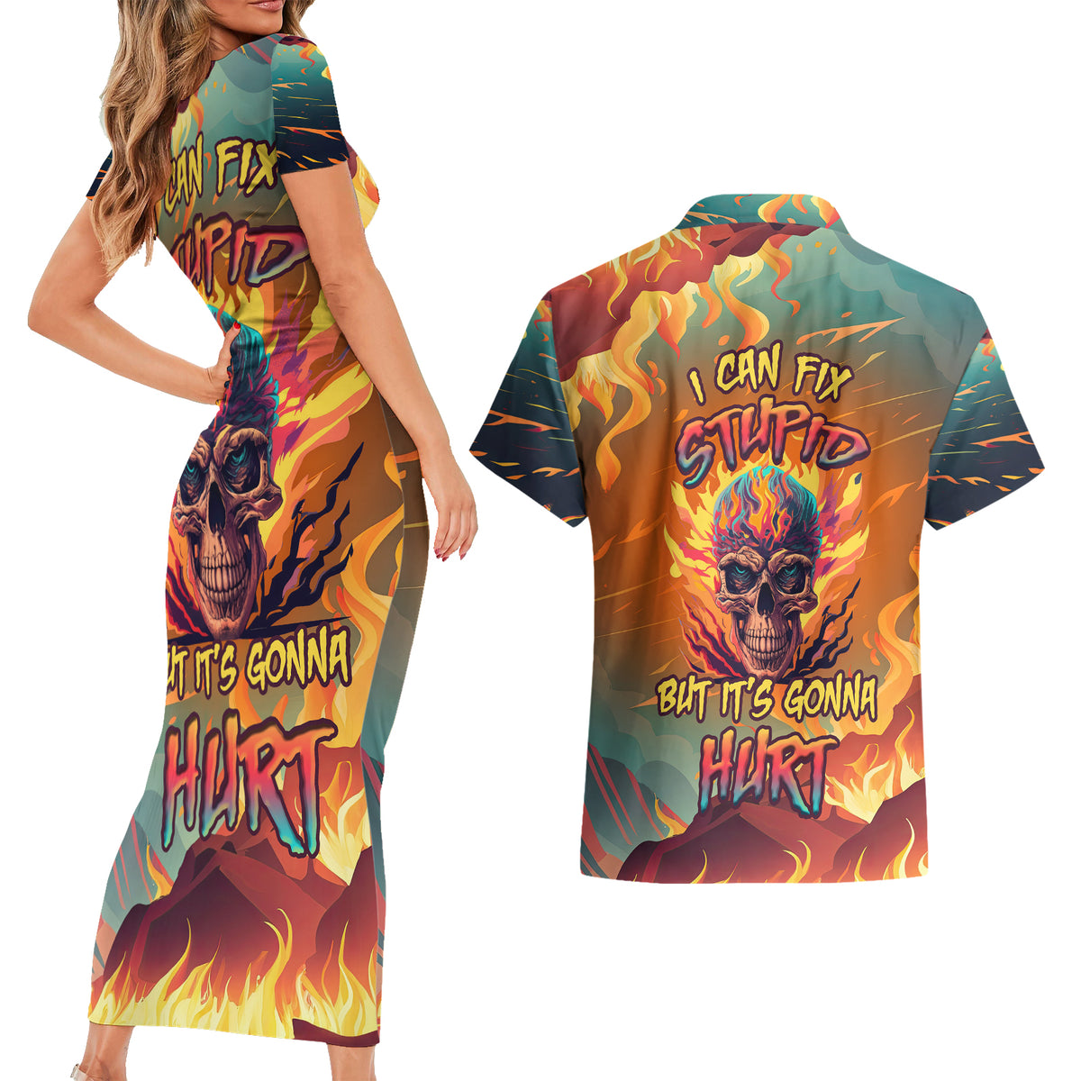 Skull Flaming Couples Matching Short Sleeve Bodycon Dress and Hawaiian Shirt I Can Fix Stupid But It's Gonna Hurt - Wonder Print Shop