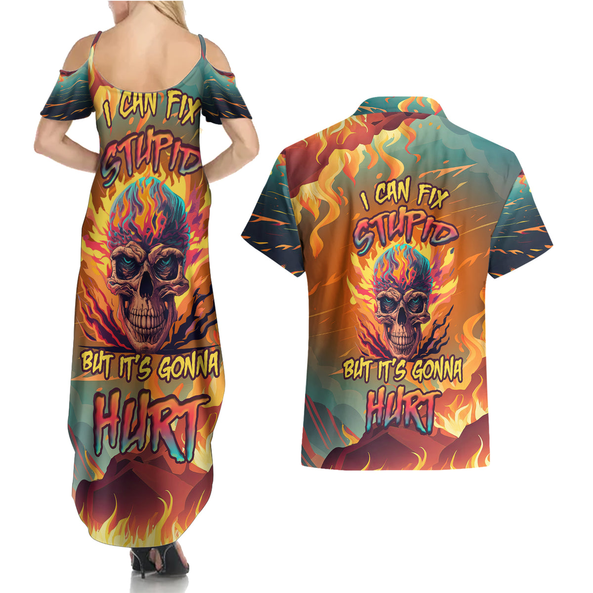 Skull Flaming Couples Matching Summer Maxi Dress and Hawaiian Shirt I Can Fix Stupid But It's Gonna Hurt - Wonder Print Shop