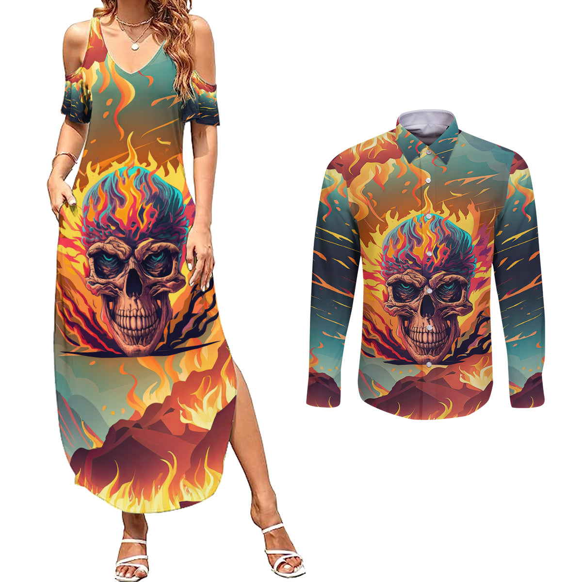 Skull Flaming Couples Matching Summer Maxi Dress and Long Sleeve Button Shirts I Can Fix Stupid But It's Gonna Hurt - Wonder Print Shop
