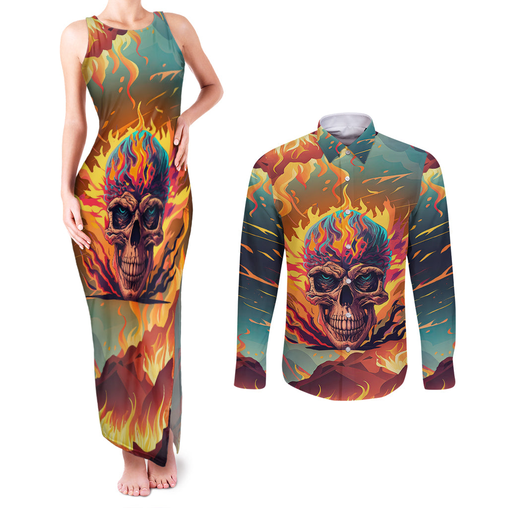 Skull Flaming Couples Matching Tank Maxi Dress and Long Sleeve Button Shirts I Can Fix Stupid But It's Gonna Hurt - Wonder Print Shop
