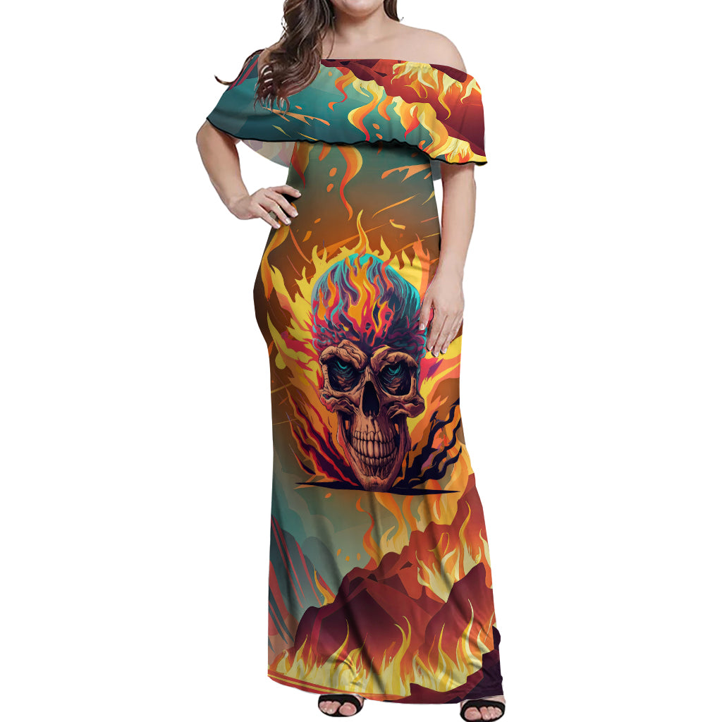 Skull Flaming Off Shoulder Maxi Dress I Can Fix Stupid But It's Gonna Hurt - Wonder Print Shop