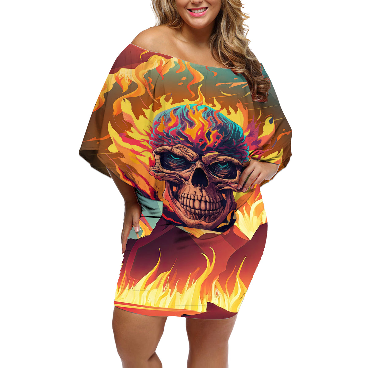 Skull Flaming Off Shoulder Short Dress I Can Fix Stupid But It's Gonna Hurt - Wonder Print Shop