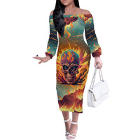 Skull Flaming Off The Shoulder Long Sleeve Dress I Can Fix Stupid But It's Gonna Hurt - Wonder Print Shop