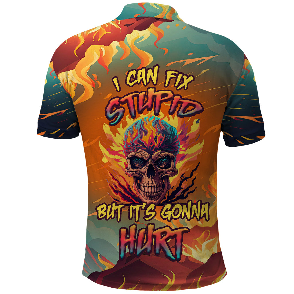 Skull Flaming Polo Shirt I Can Fix Stupid But It's Gonna Hurt - Wonder Print Shop