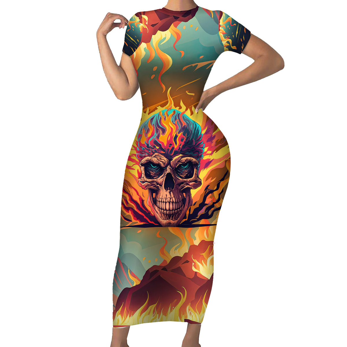 Skull Flaming Short Sleeve Bodycon Dress I Can Fix Stupid But It's Gonna Hurt - Wonder Print Shop