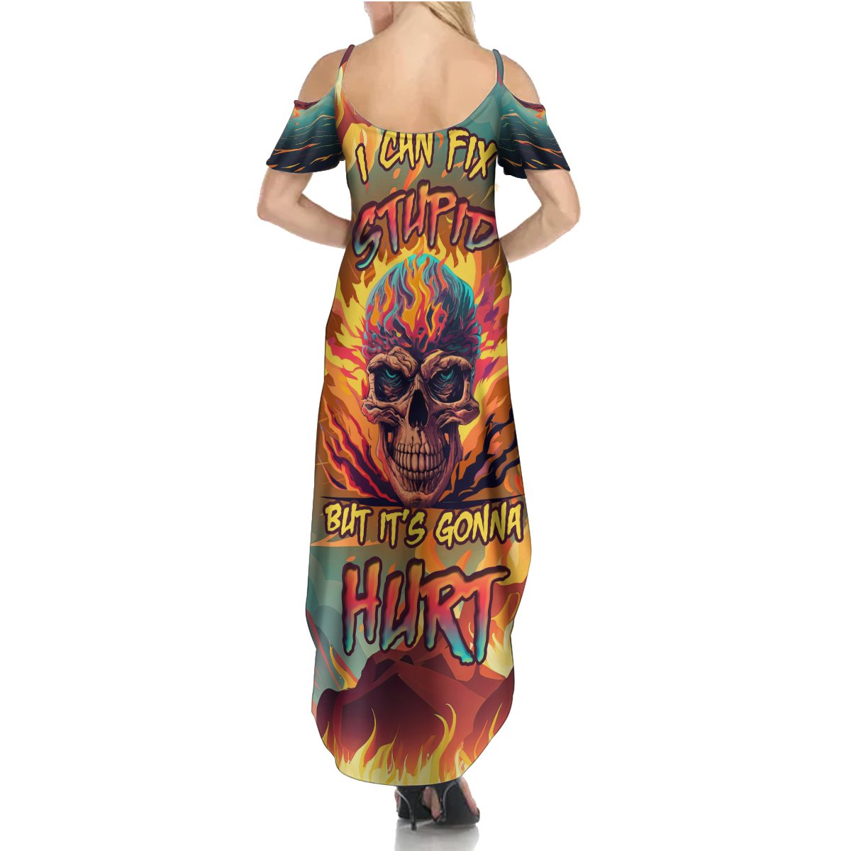 Skull Flaming Summer Maxi Dress I Can Fix Stupid But It's Gonna Hurt - Wonder Print Shop