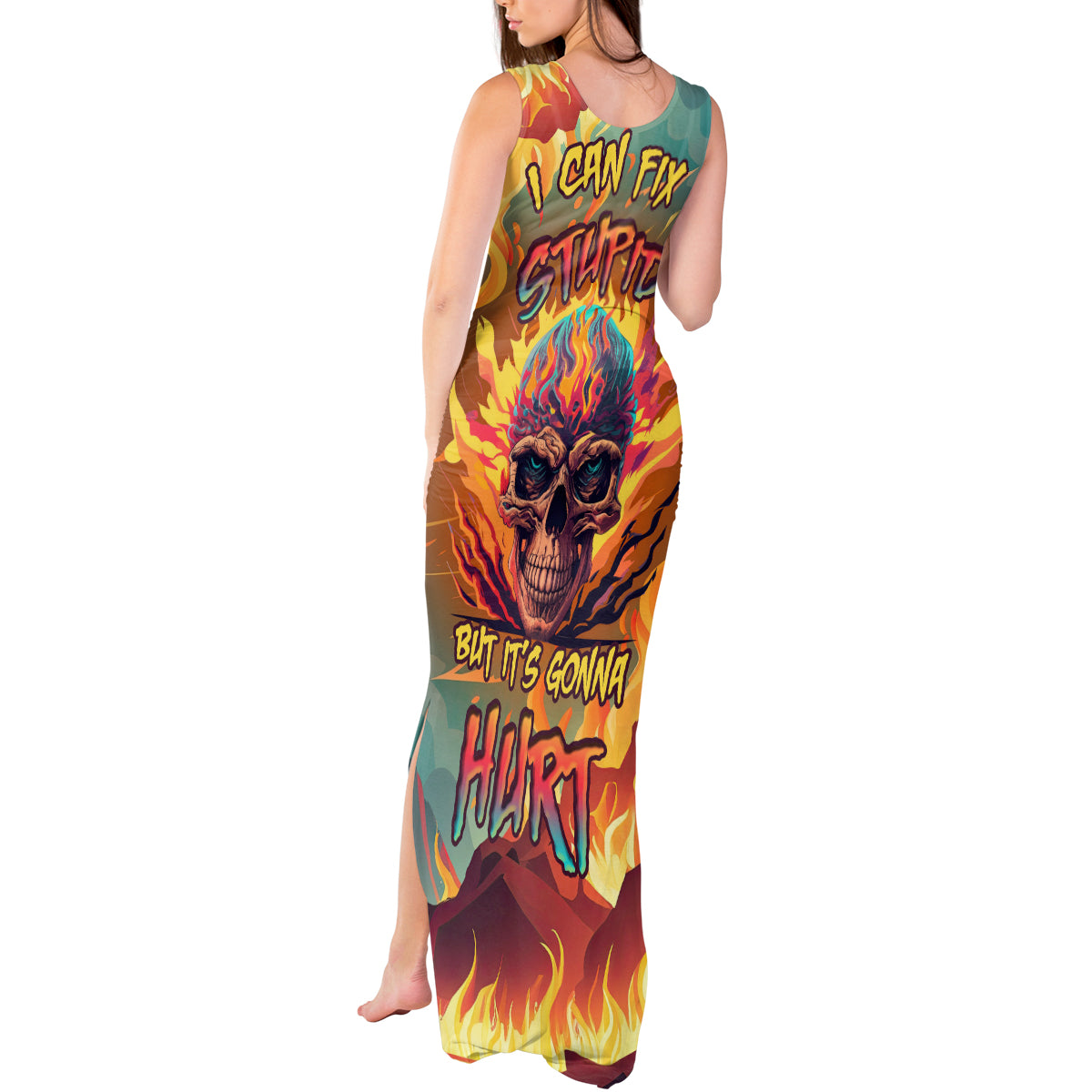 Skull Flaming Tank Maxi Dress I Can Fix Stupid But It's Gonna Hurt - Wonder Print Shop