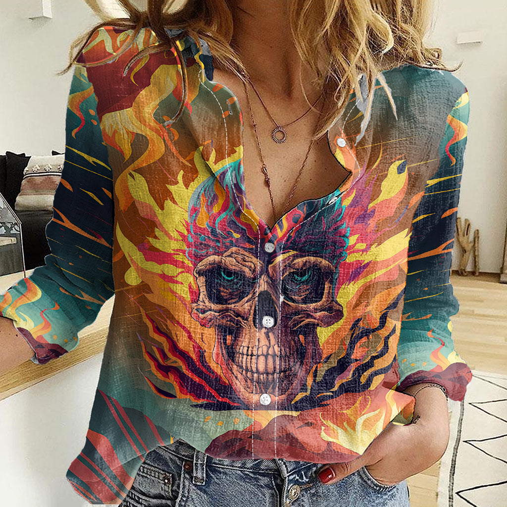Skull Flaming Women Casual Shirt I Can Fix Stupid But It's Gonna Hurt - Wonder Print Shop