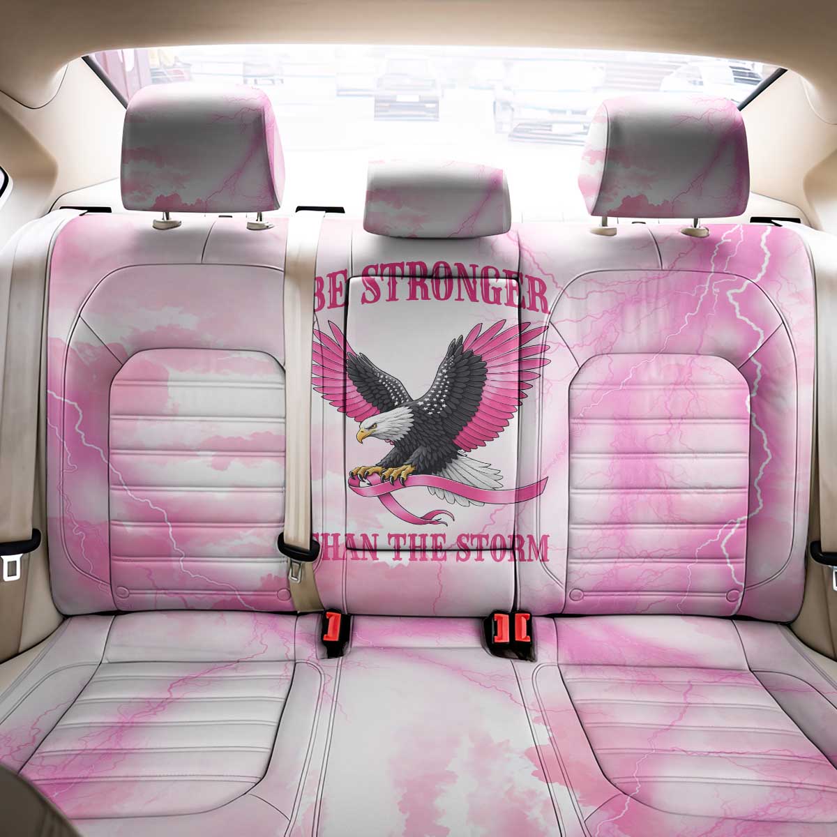 Pink Ribbon American Eagle Back Car Seat Cover Breast Cancer Awareness - Be Stronger Than The Storm