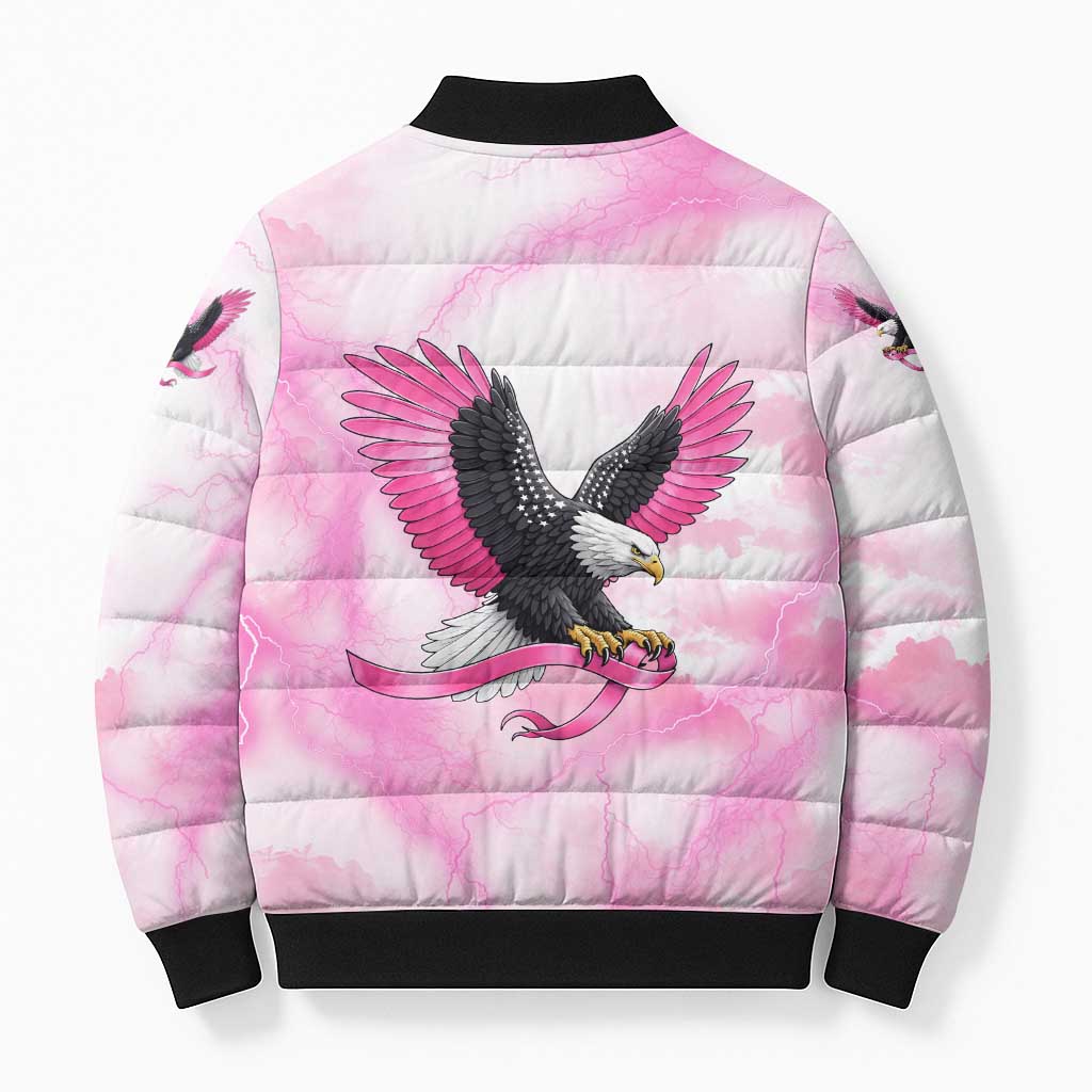Pink Ribbon American Eagle Bomber Puffer Jacket Breast Cancer Awareness - Be Stronger Than The Storm