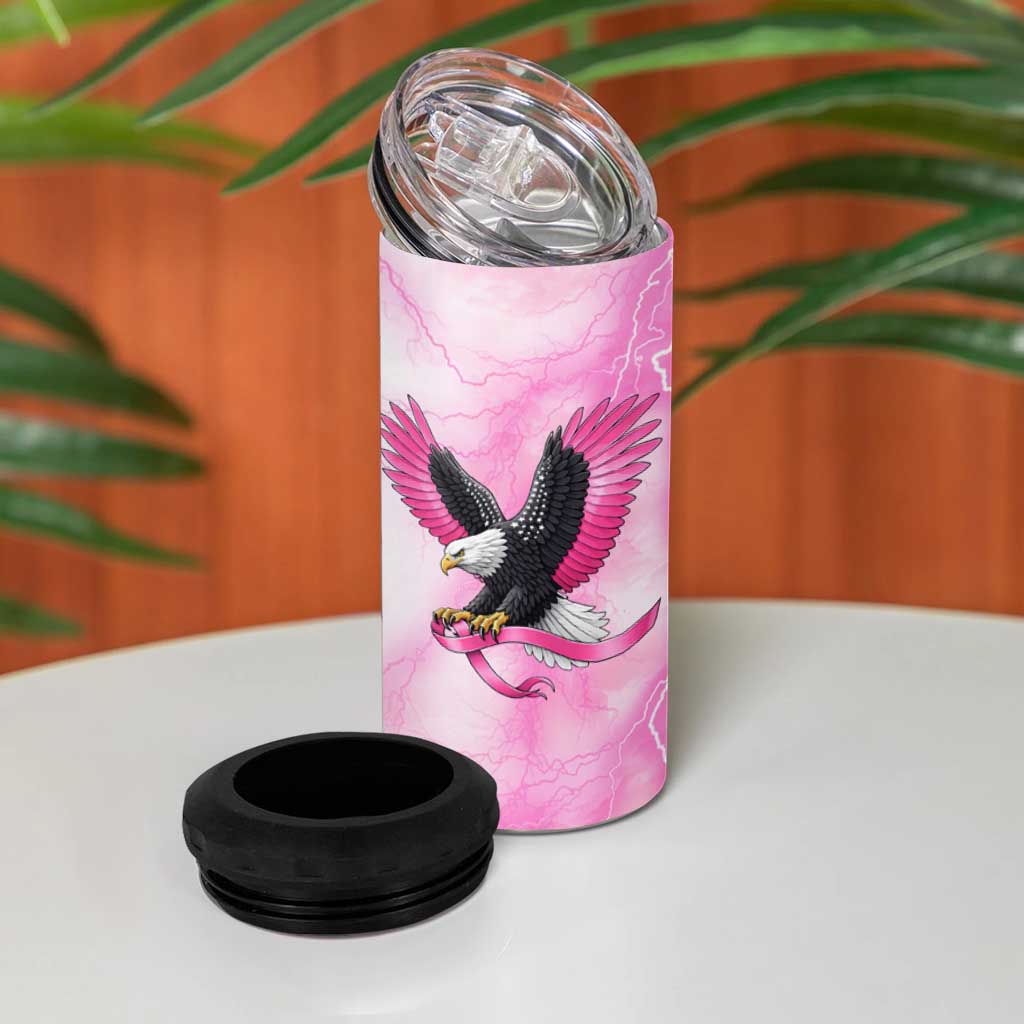 Pink Ribbon American Eagle 4 in 1 Can Cooler Tumbler Breast Cancer Awareness - Be Stronger Than The Storm