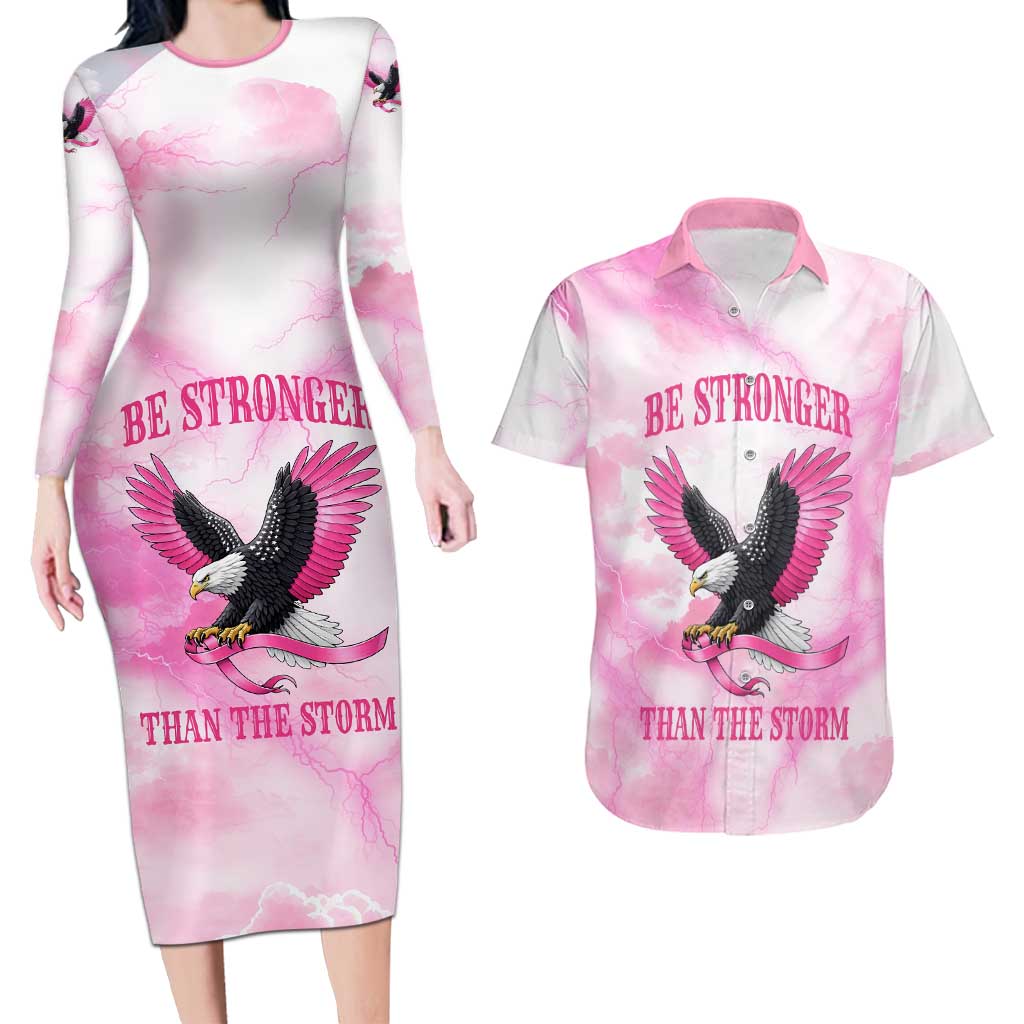 Pink Ribbon American Eagle Couples Matching Long Sleeve Bodycon Dress and Hawaiian Shirt Breast Cancer Awareness - Be Stronger Than The Storm
