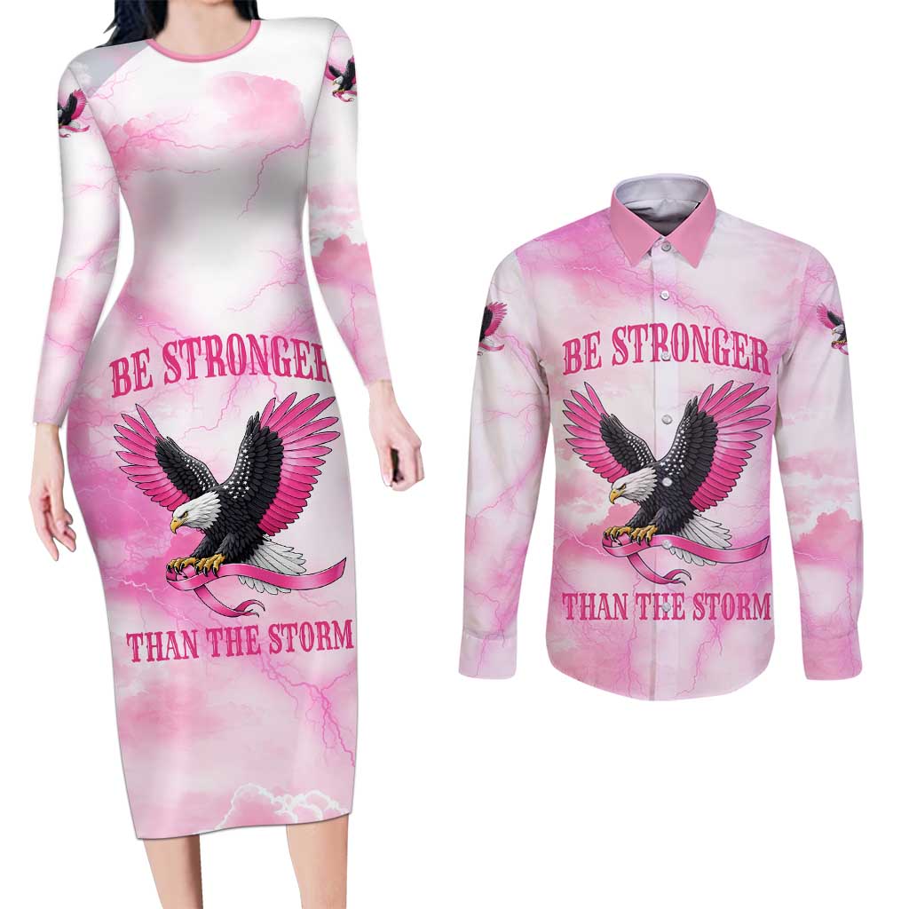Pink Ribbon American Eagle Couples Matching Long Sleeve Bodycon Dress and Long Sleeve Button Shirt Breast Cancer Awareness - Be Stronger Than The Storm
