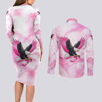 Pink Ribbon American Eagle Couples Matching Long Sleeve Bodycon Dress and Long Sleeve Button Shirt Breast Cancer Awareness - Be Stronger Than The Storm