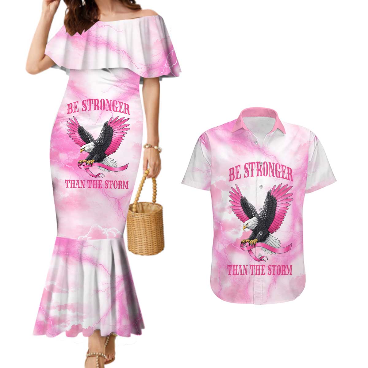Pink Ribbon American Eagle Couples Matching Mermaid Dress and Hawaiian Shirt Breast Cancer Awareness - Be Stronger Than The Storm