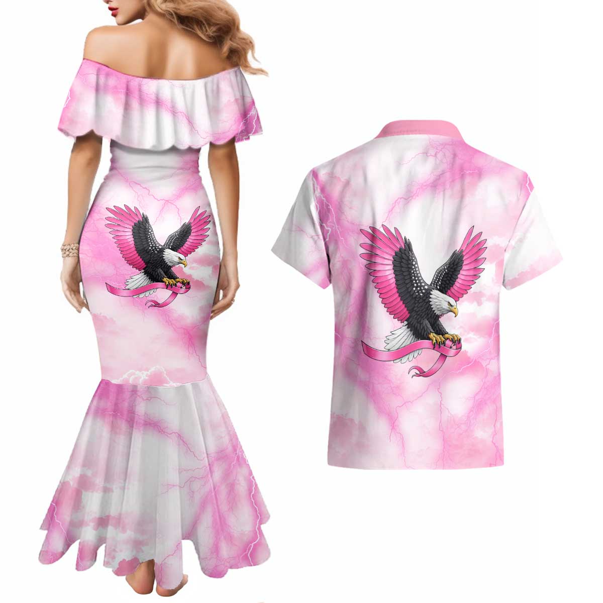 Pink Ribbon American Eagle Couples Matching Mermaid Dress and Hawaiian Shirt Breast Cancer Awareness - Be Stronger Than The Storm