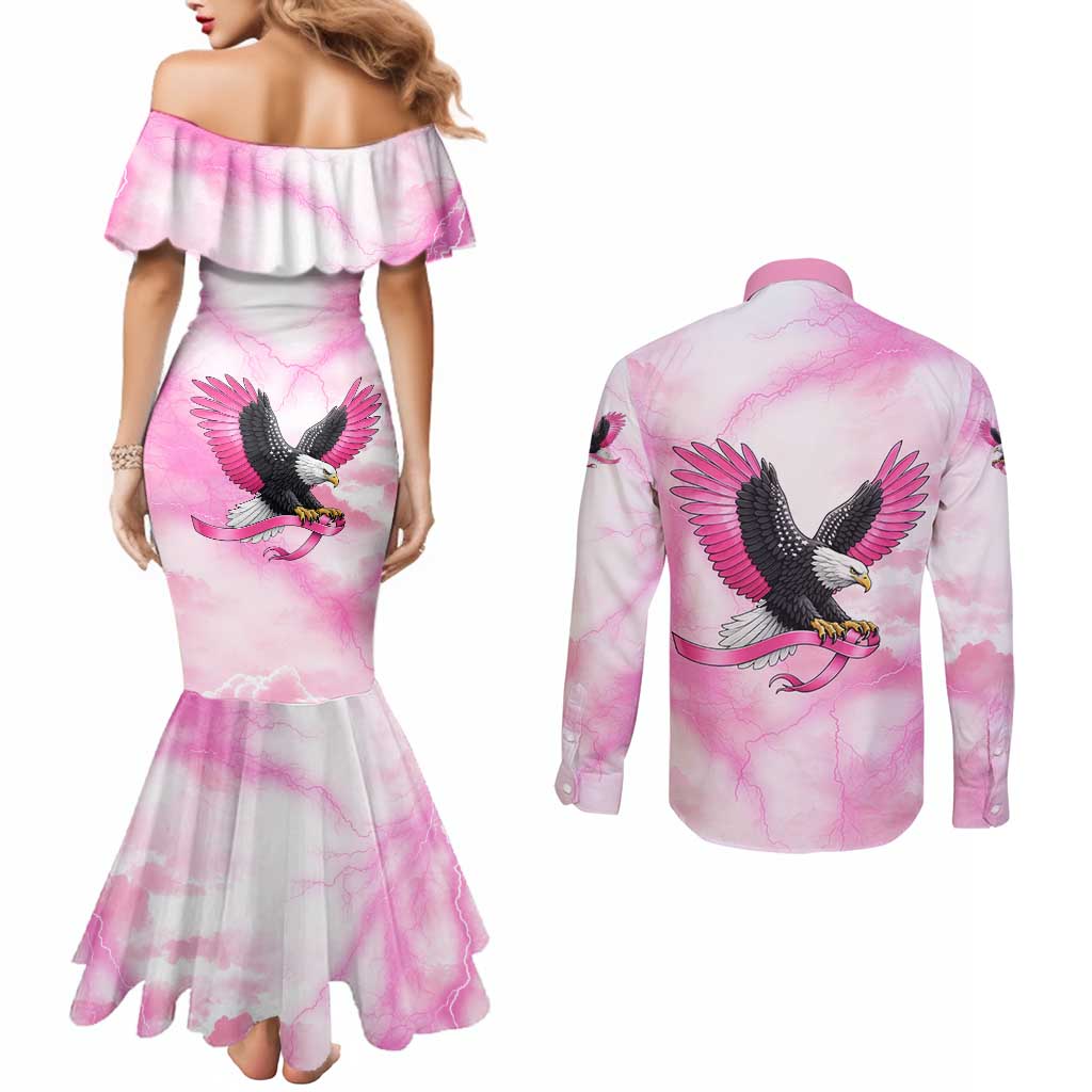 Pink Ribbon American Eagle Couples Matching Mermaid Dress and Long Sleeve Button Shirt Breast Cancer Awareness - Be Stronger Than The Storm