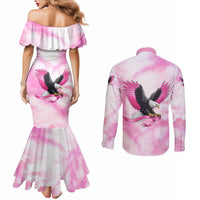 Pink Ribbon American Eagle Couples Matching Mermaid Dress and Long Sleeve Button Shirt Breast Cancer Awareness - Be Stronger Than The Storm