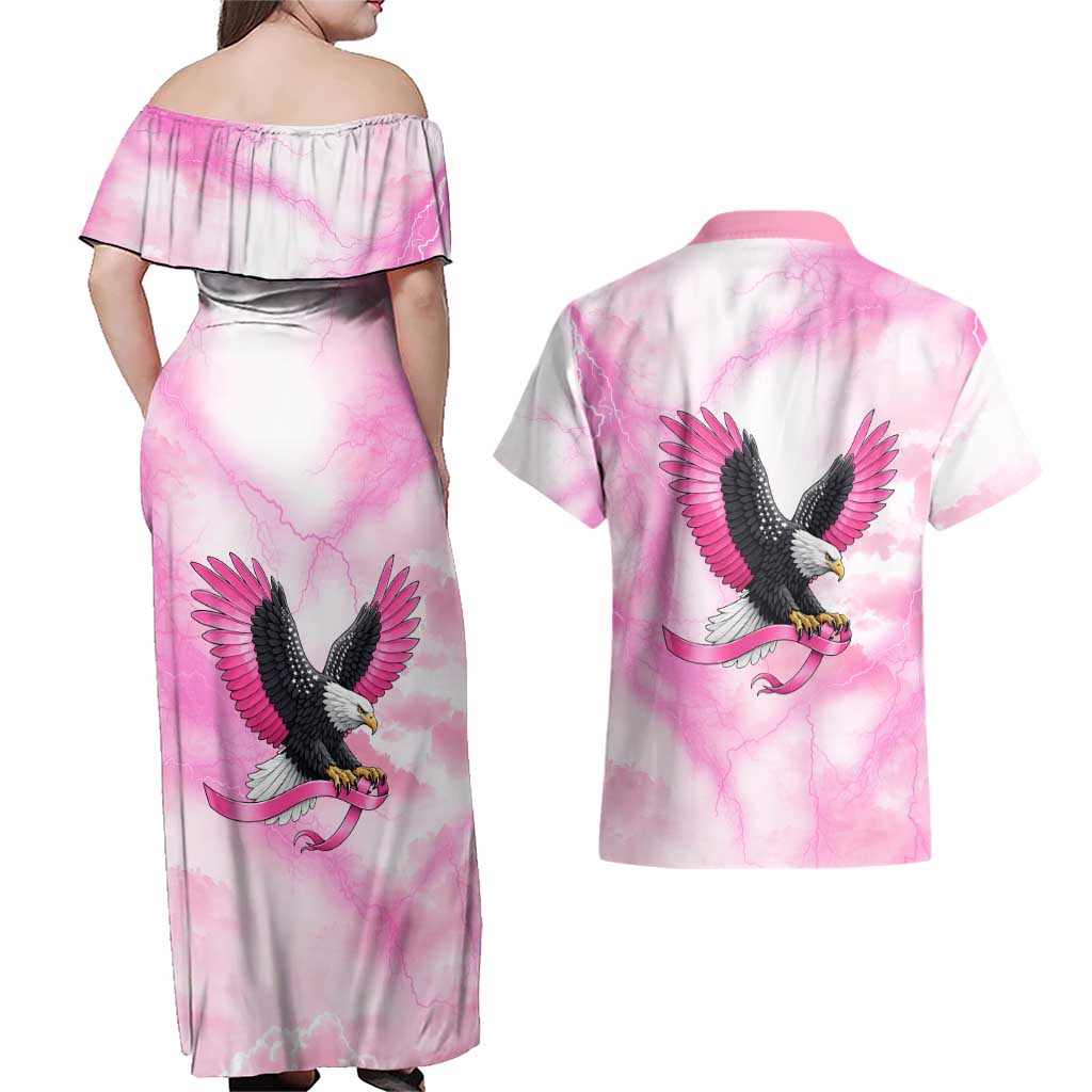 Pink Ribbon American Eagle Couples Matching Off Shoulder Maxi Dress and Hawaiian Shirt Breast Cancer Awareness - Be Stronger Than The Storm