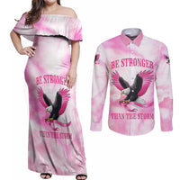 Pink Ribbon American Eagle Couples Matching Off Shoulder Maxi Dress and Long Sleeve Button Shirt Breast Cancer Awareness - Be Stronger Than The Storm