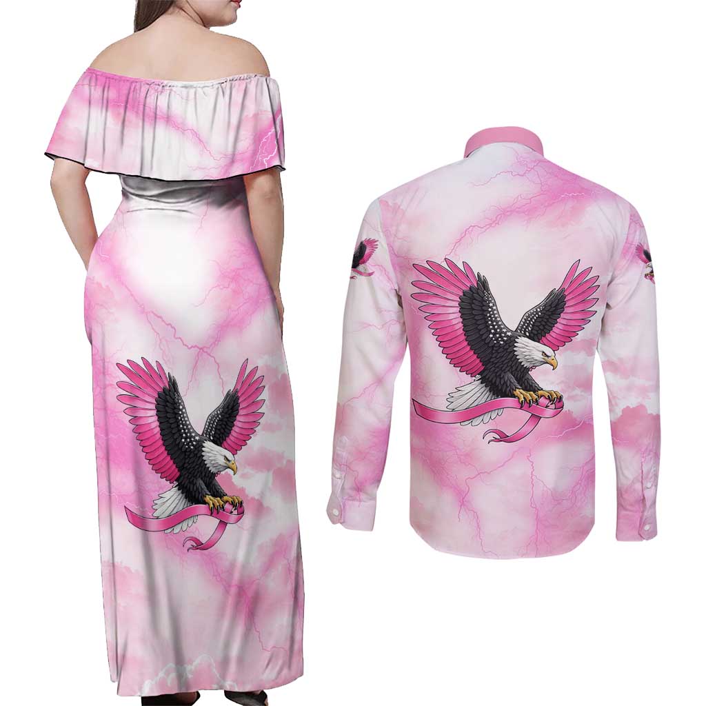 Pink Ribbon American Eagle Couples Matching Off Shoulder Maxi Dress and Long Sleeve Button Shirt Breast Cancer Awareness - Be Stronger Than The Storm