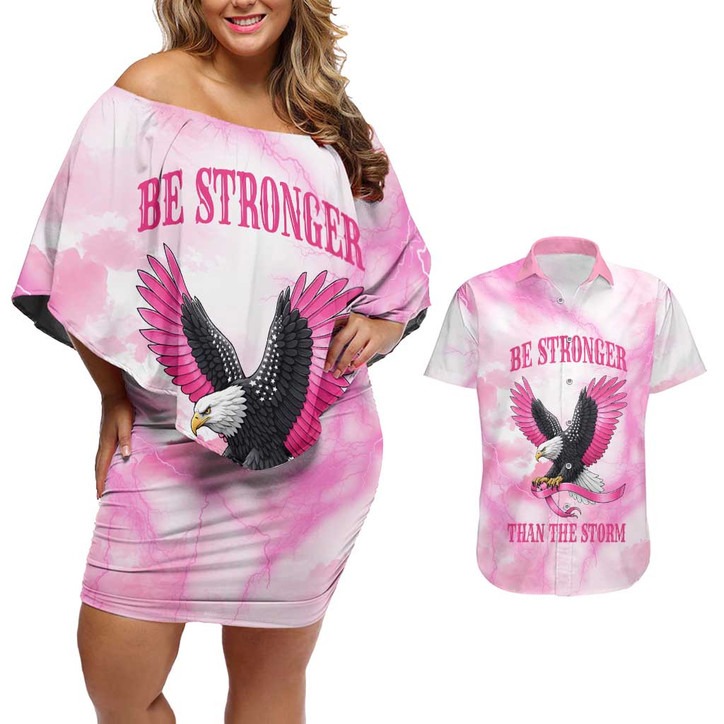 Pink Ribbon American Eagle Couples Matching Off Shoulder Short Dress and Hawaiian Shirt Breast Cancer Awareness - Be Stronger Than The Storm